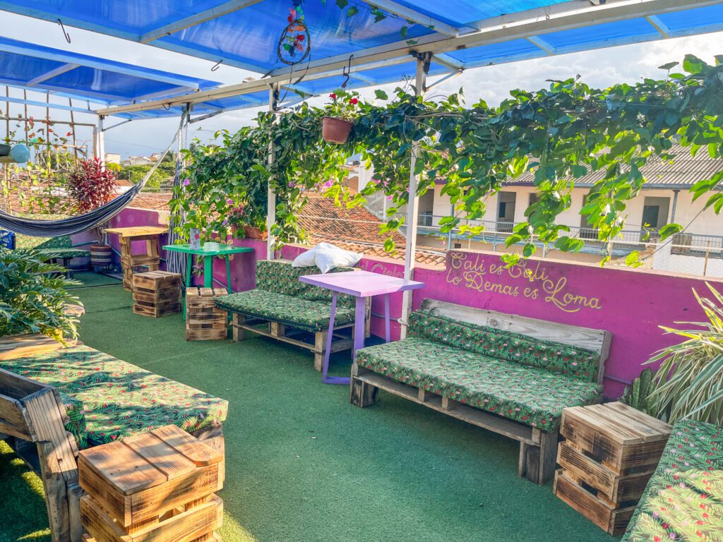 a rooftop terrace at a hostel in cali, colombia