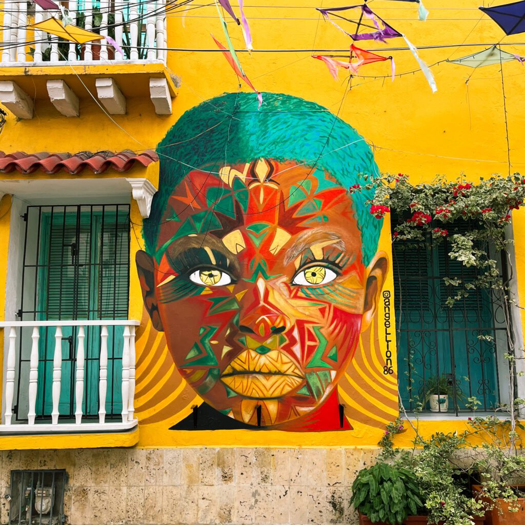 colorful street mural in the getsemani neighborhood of cartagena, colombia