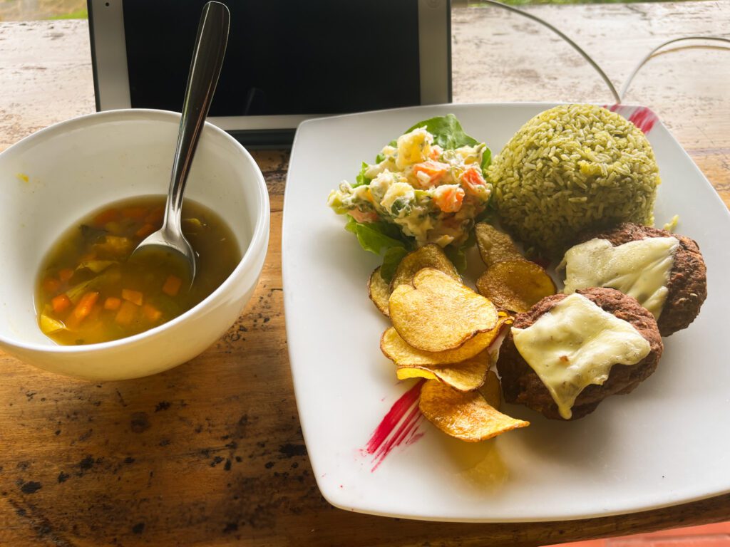 typical colombian lunch food served at a hostel in minca, colombia