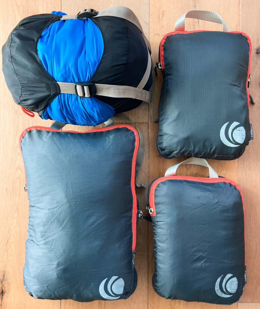 packing cubes holding the contents of a packing list for long-term travel