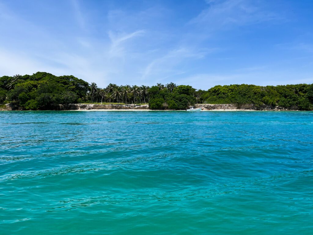 view of the turquoise waters and tropical islands off the coast of cartagena, colombia