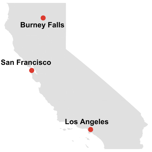 a map showing the location of burney falls in california