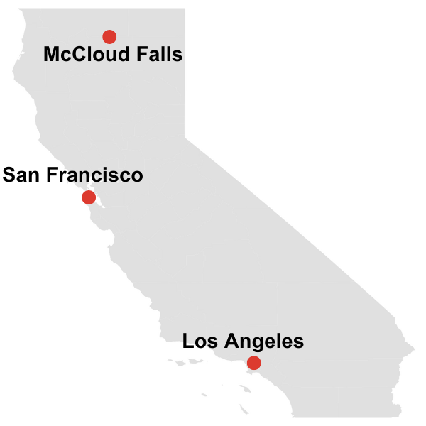 a map showing the location of mccloud falls in california