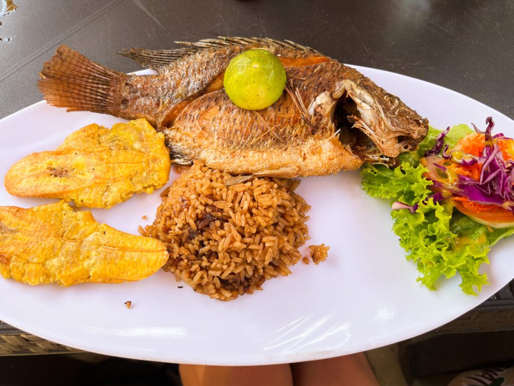 colombian lunch served in the rosario islands, consisting of rice, plantains, and fish