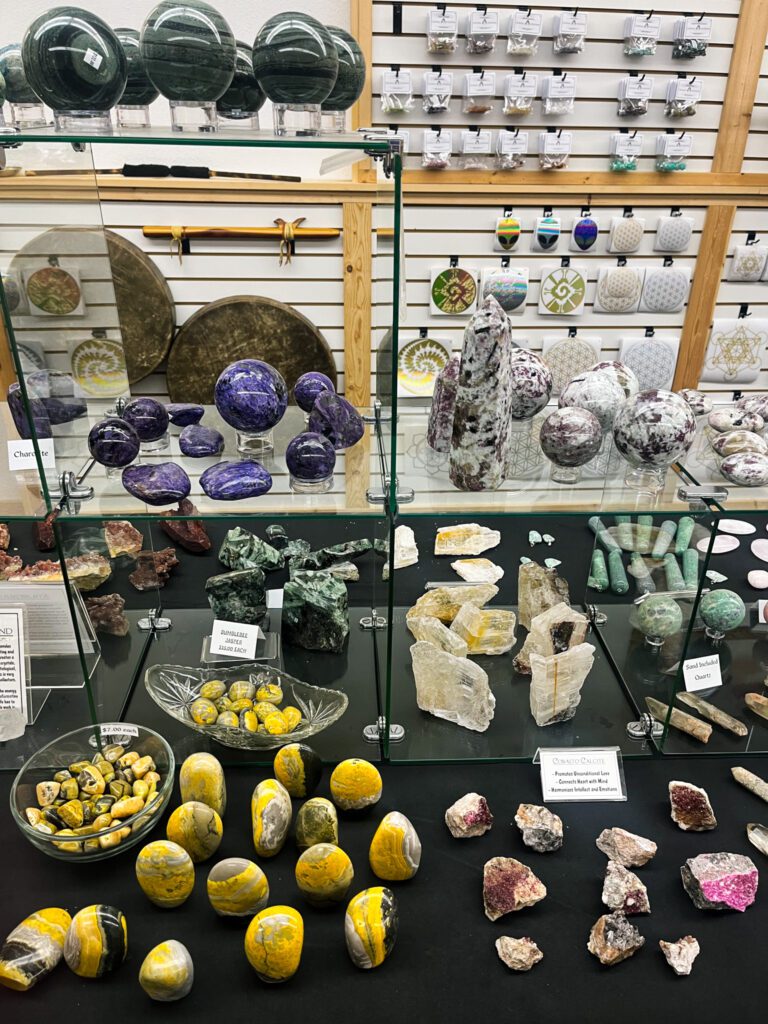 various crystals for sale in a shop in mount shasta town