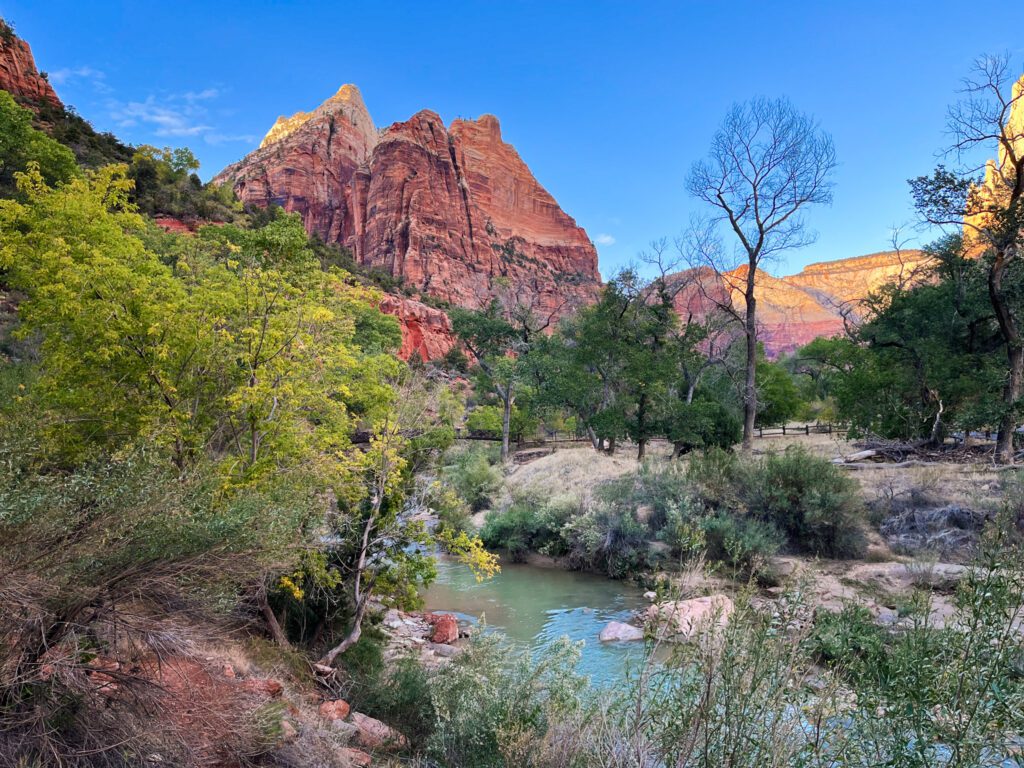 the virgin river in zion national park, with tall sandstone cliffs in the background