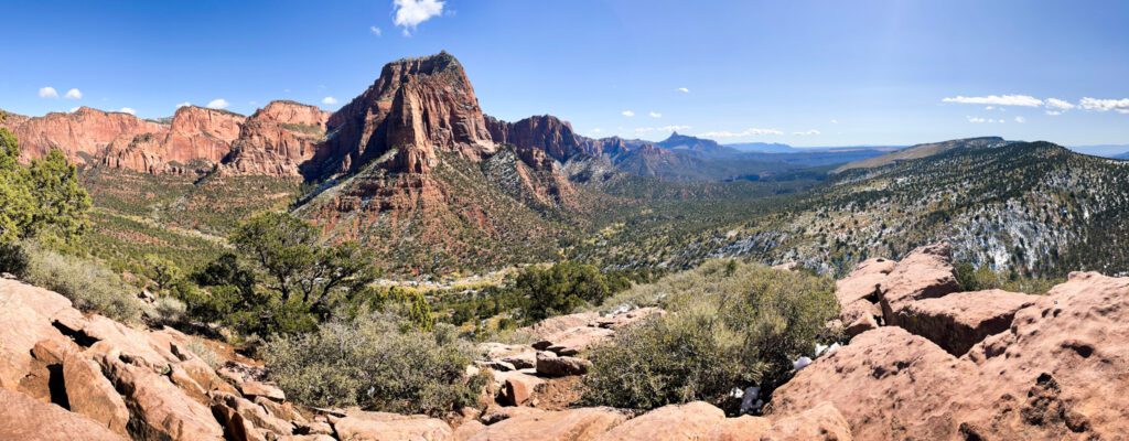 a panoramic view of canyons in zion national park