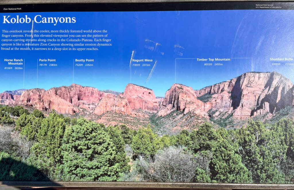 a sign at a viewpoint showing the different landmarks in kolob canyons, utah