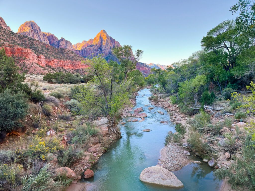 mountain peaks behind a river in zion national park