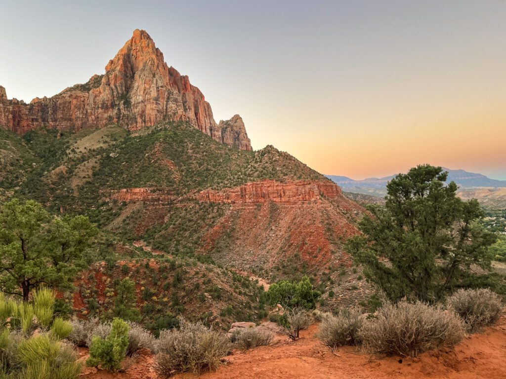 sunrise as seen from the watchman trail in zion