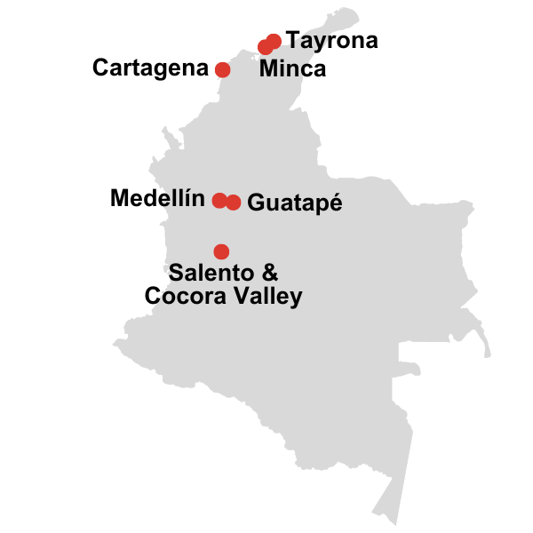 Map showing colombia destinations for a 2 week travel itinerary