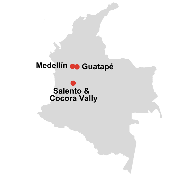 An option for a 7 day colombia travel itinerary, as shown on a map