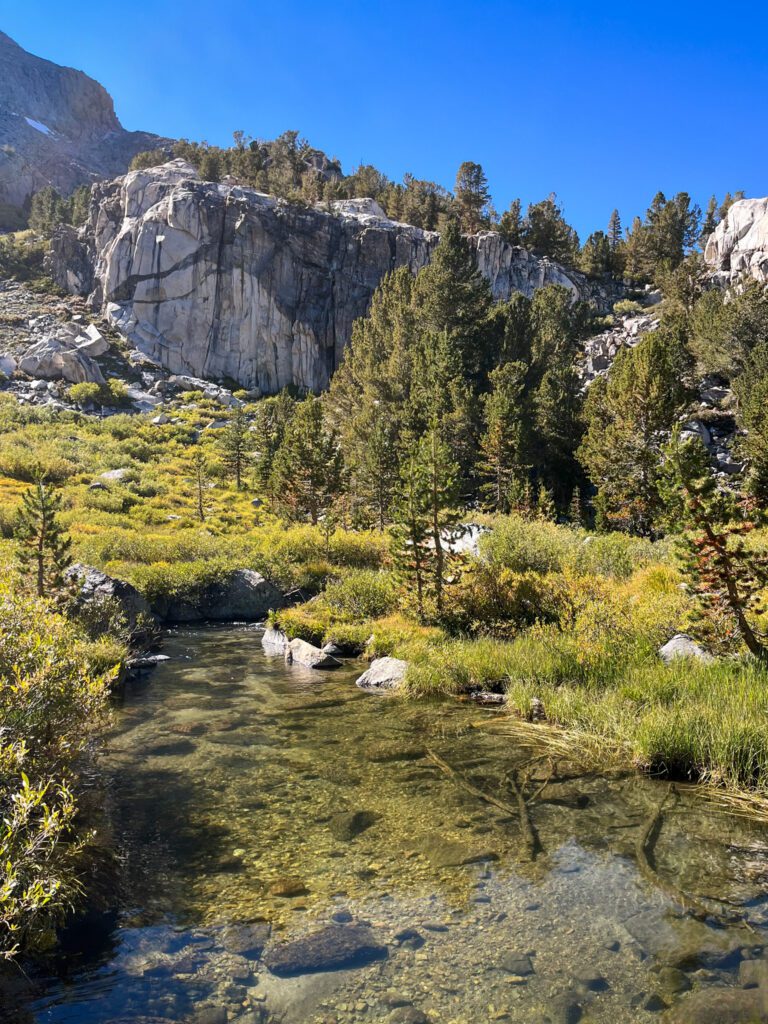A beautiful golden-green meadow with a river running through it along the big pine lakes hike