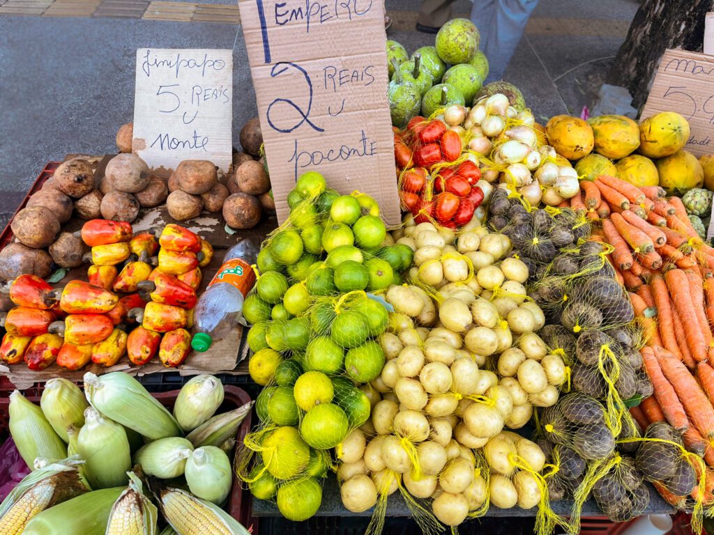 fruits and vegetables sold by a street vendor.