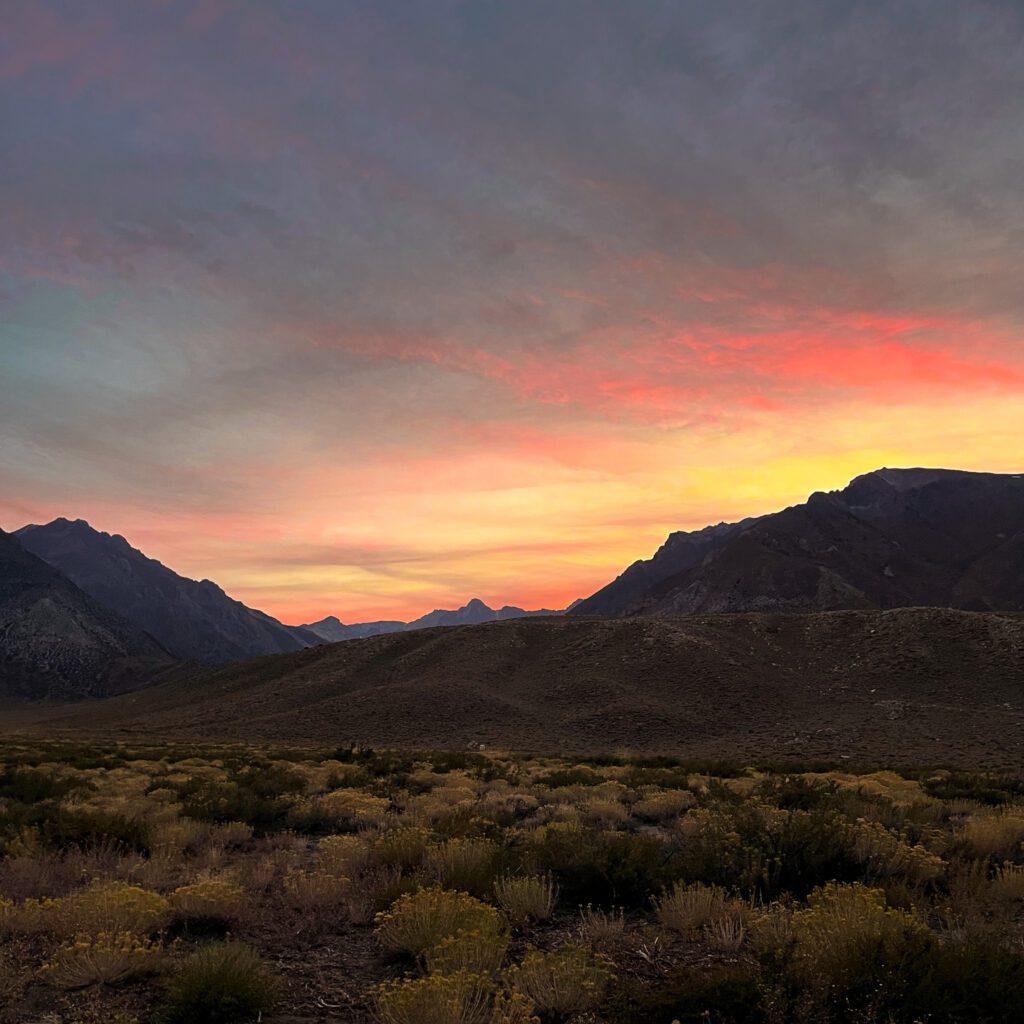a colorful, cotton candy-like sunset seen from a campsite in california’s eastern sierra mountains