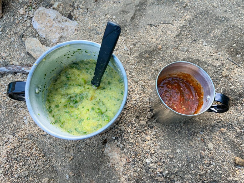 a backpacking meal consisting of polenta and tomato sauce