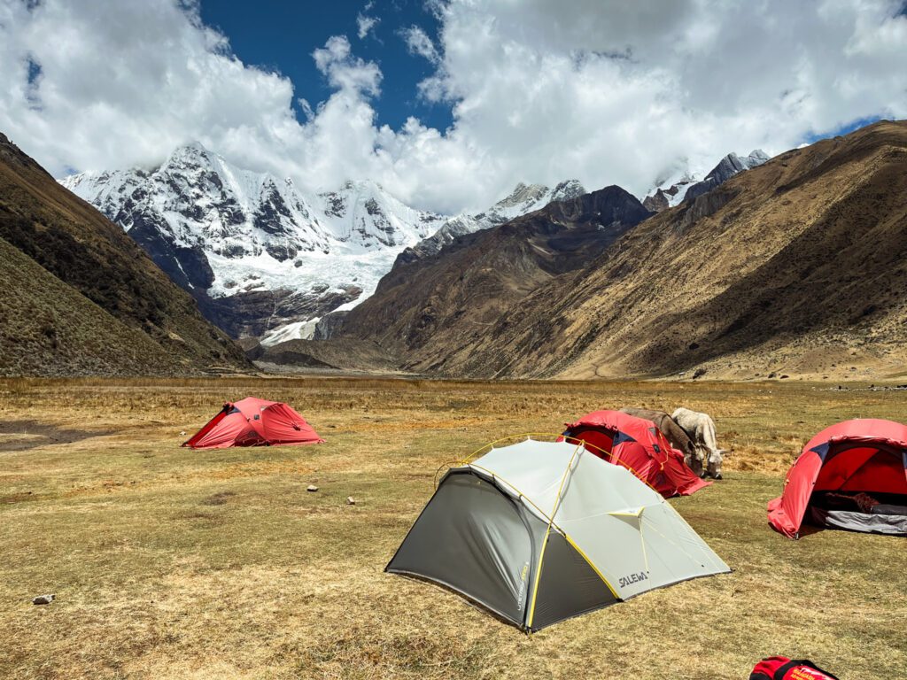 tents pitched in a valley below tall snowy mountains.