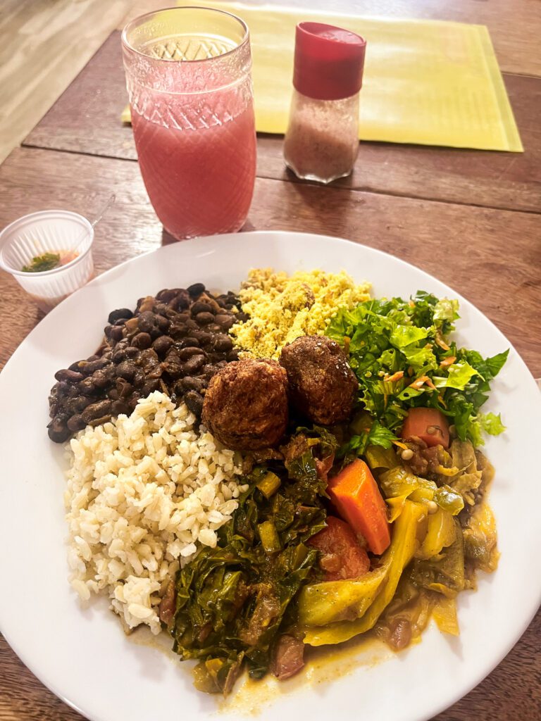 a large and budget travel friendly plate of Brazilian vegetarian food. 