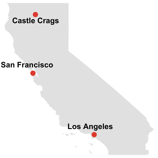 a map showing the location of castle crags state park in california