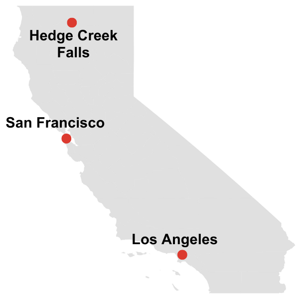 a map showing the location of hedge creek falls in california