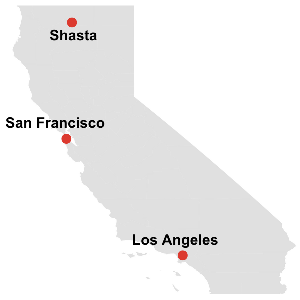 a map showing the location of mount shasta in california