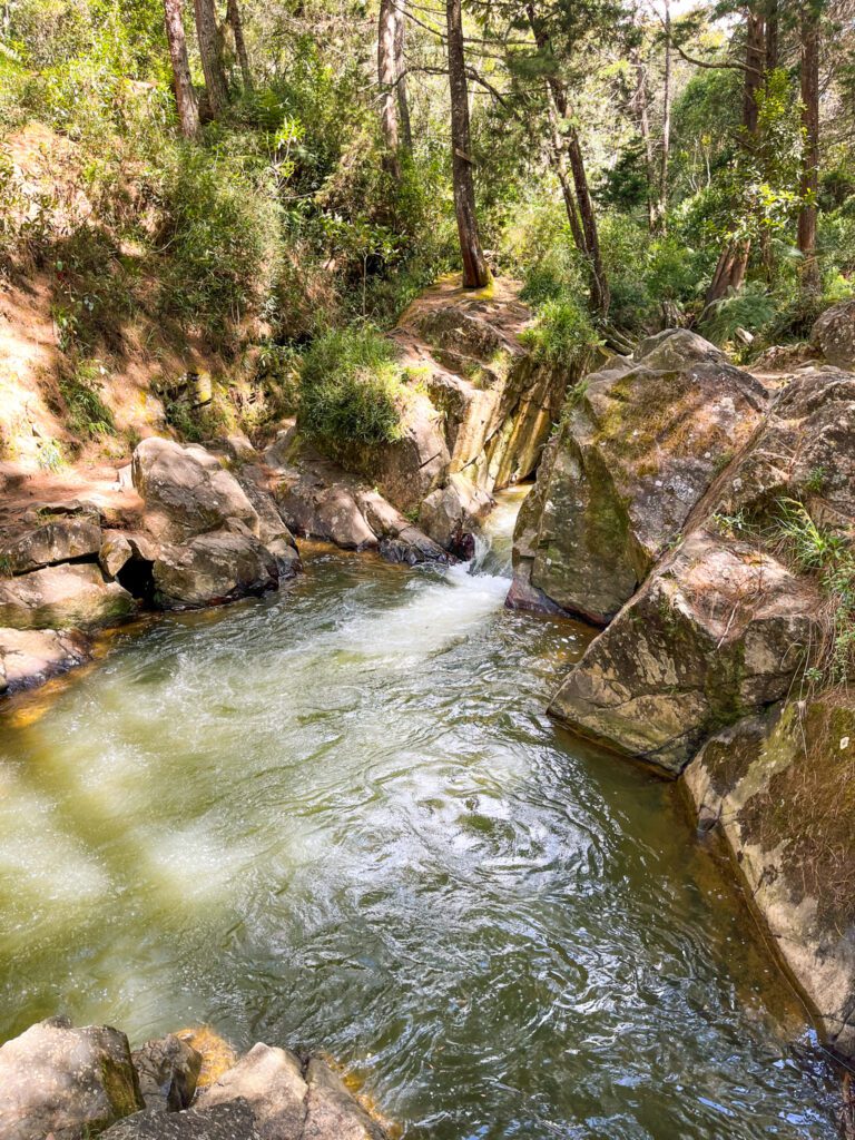 a river cutting through a rocky area in the forest of parque arvi