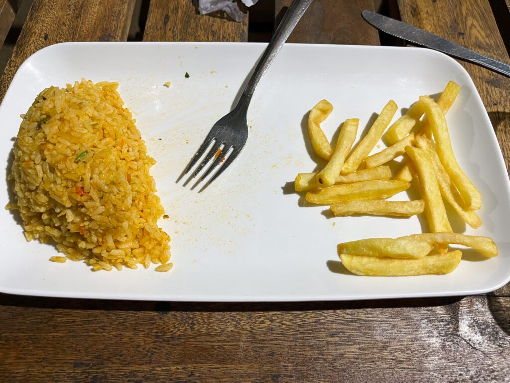 rice and french fries served at a beachside restaurant in colombia